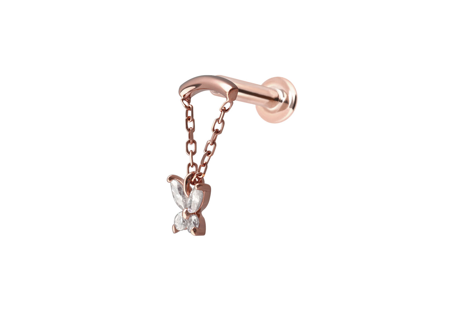 14 Karat Gold Labret Piercing mit Innengewinde MOISSANIT-SCHMETTERLING + BOGEN + KETTE
